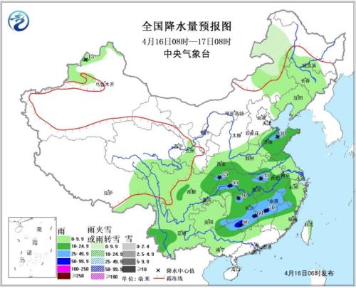 图1 全国降水量预报图(16日08时-17日08时)